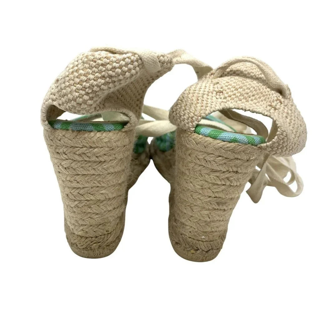 Tory Burch Green Patterned Espadrille Wedge Lace Up Sandals Size 8 Canvas Jute